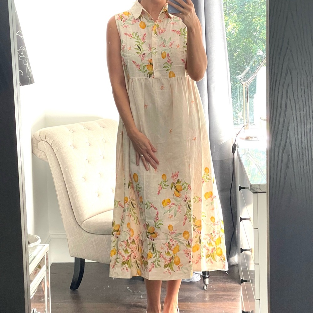 New! 55%linen 45%cotton Floral Sleeveless Midi Dress with Lemon Design size L
